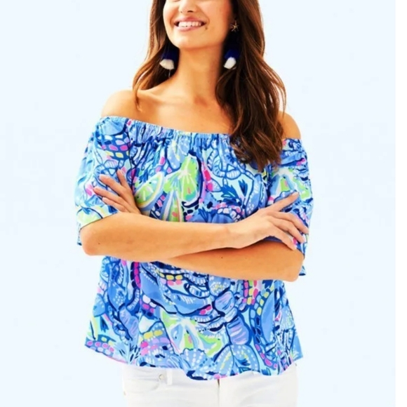 Lilly Pulitzer Sain Blue Peri in “Pinch Pinch” Print Off The Shoulder Top Sz S - Picture 12 of 12
